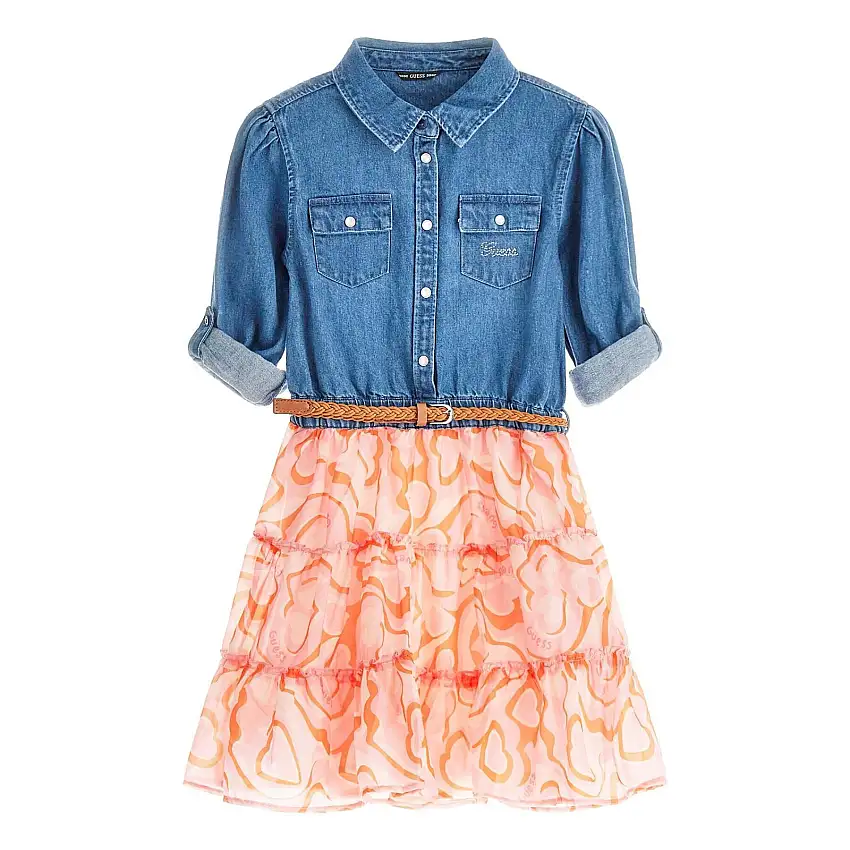 Abito bambina in denim a maniche lunghe Guess Mixed Fabric Adj.