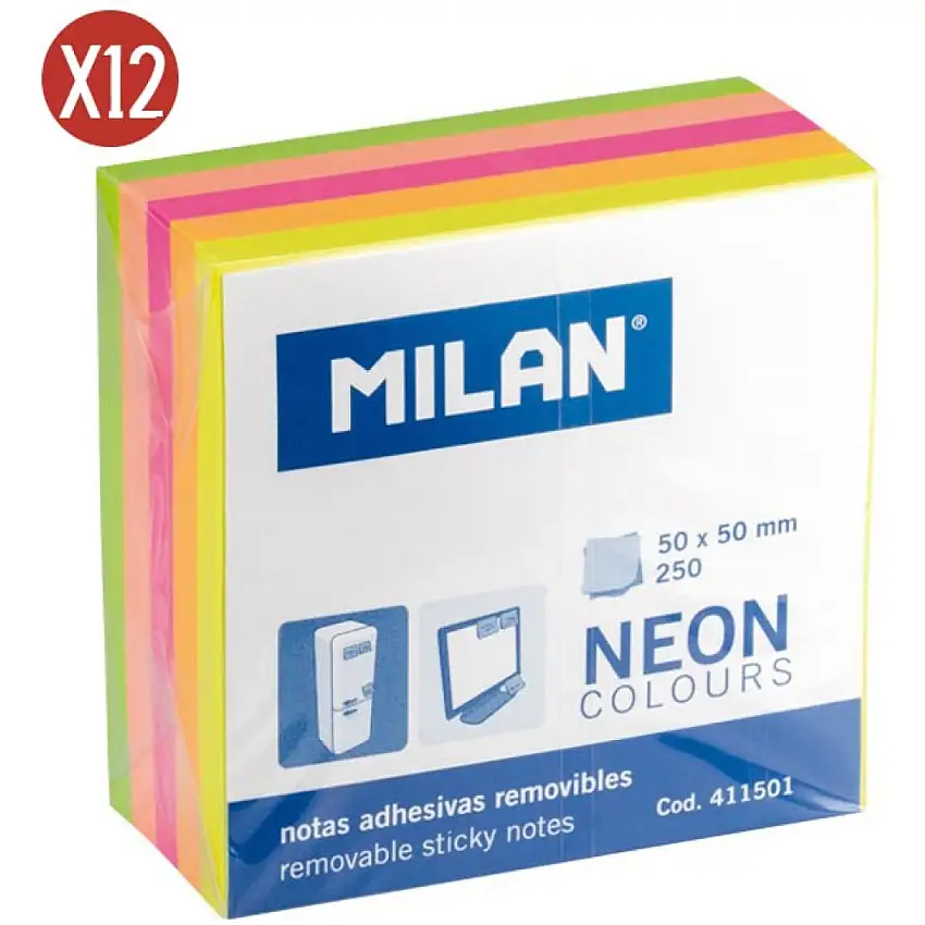 Blocco note con 250 adesivi al fluoro a 4 colori Milan (x12) [Misura 5x5 cm]