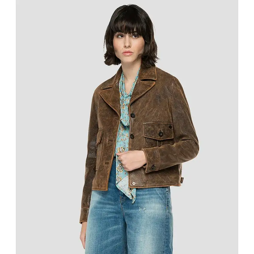 Giacca con risvolto in pelle da donna Replay nappa